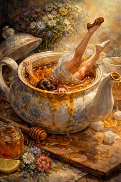 painting of a figure falling into a giant teapot of honey